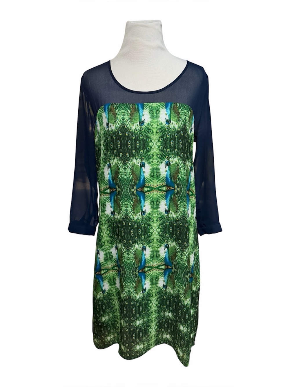 Maeve Eaton Sheer-Sleeve Green Peacock Print Shift Mini Dress S no belt